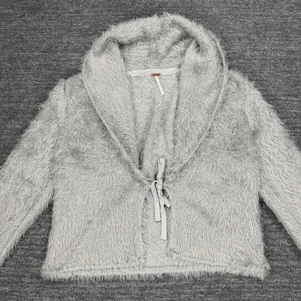 Free People Mina Cardi Women Large Silver Belles Fuzzy Tie Front Shawl Collar